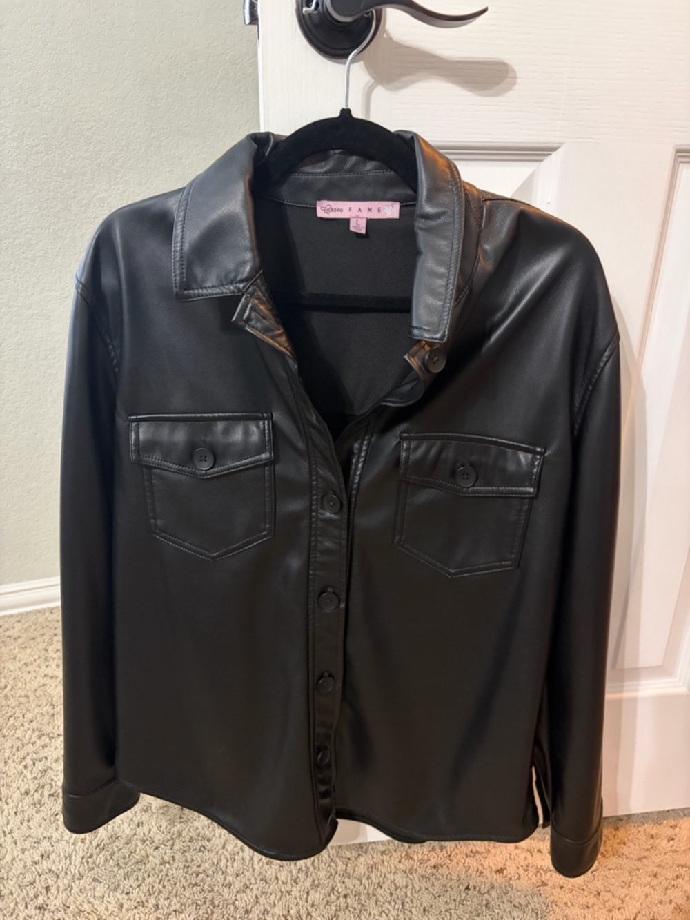 Crave Fame Black Faux Leather Shirt Jacket
